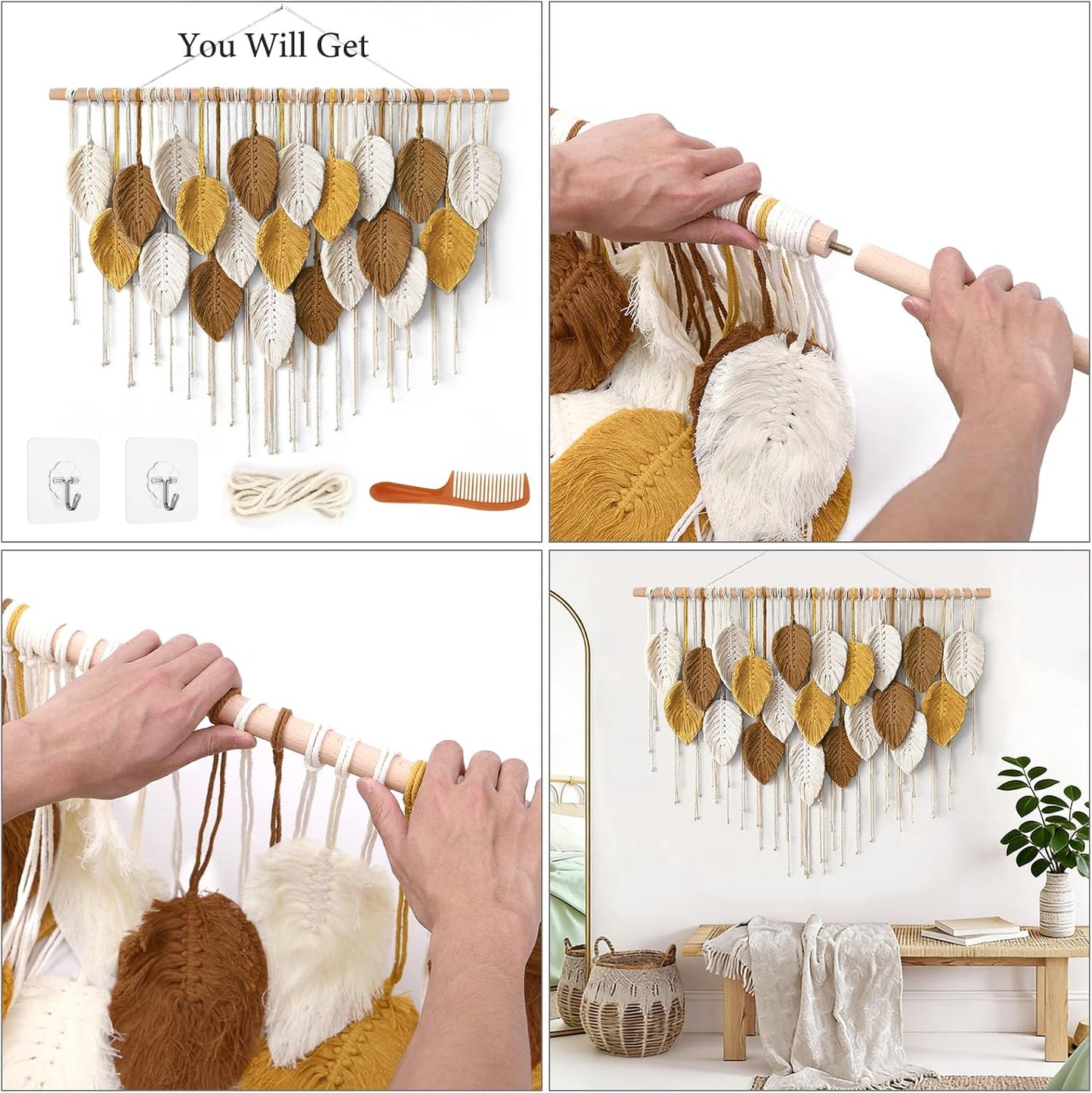Weldomcor Large Macrame Wall Hanging Boho Home Decor, Handmade Bohemian Woven Leaves Macrame Tapestry Modern Aesthetic Chic Wall Art Decorations for Bedroom Living Room Nursery Office 39" W x 29.5" L