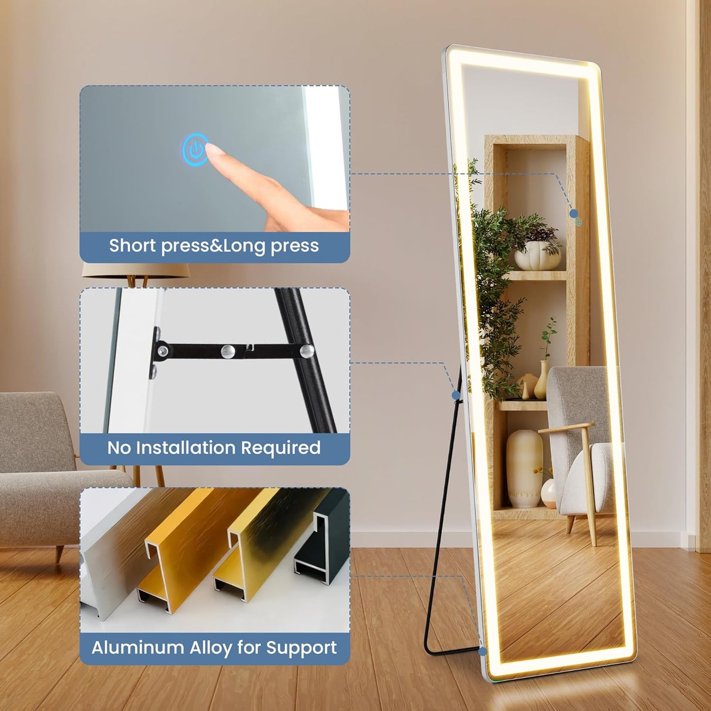 DUMOS Full Length Mirror 64"x21" Full Body Floor Mirror for Bedroom or Cloakroom, Can Stand Alone, Hang or Lean Against Wall, Tall Wall Mirror with Stand, Black
