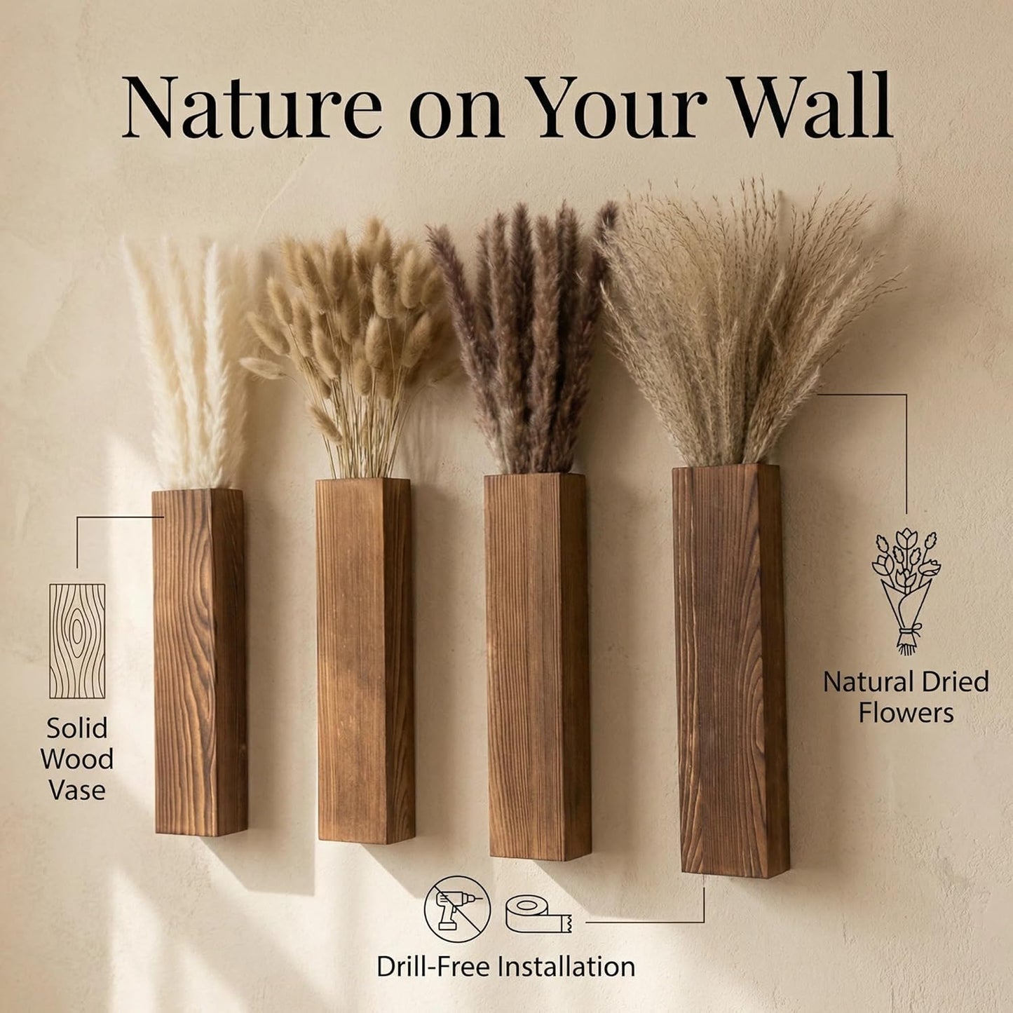 Wooden Wall Planter Set of 4 - Modern Home Decor for Living Room, Bedroom, Bathroom - Walnut Finish Planter for Dried Flowers, Faux Greenery, Indoor Plants