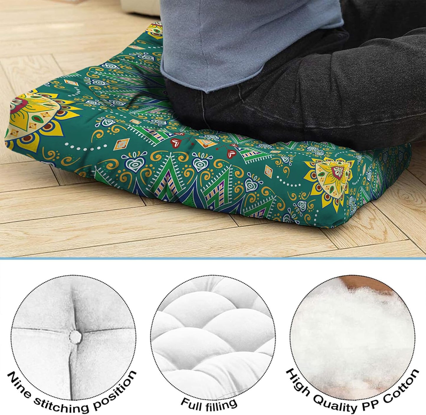 Mandala Meditation Cushion, Boho Meditation Mat, Meditation Pillows for Sitting on Floor, Cushions for Sitting in Home and Outdoor, Square Floor Pillow Cushion Seating for Yoga Accessories 22'' X 22''