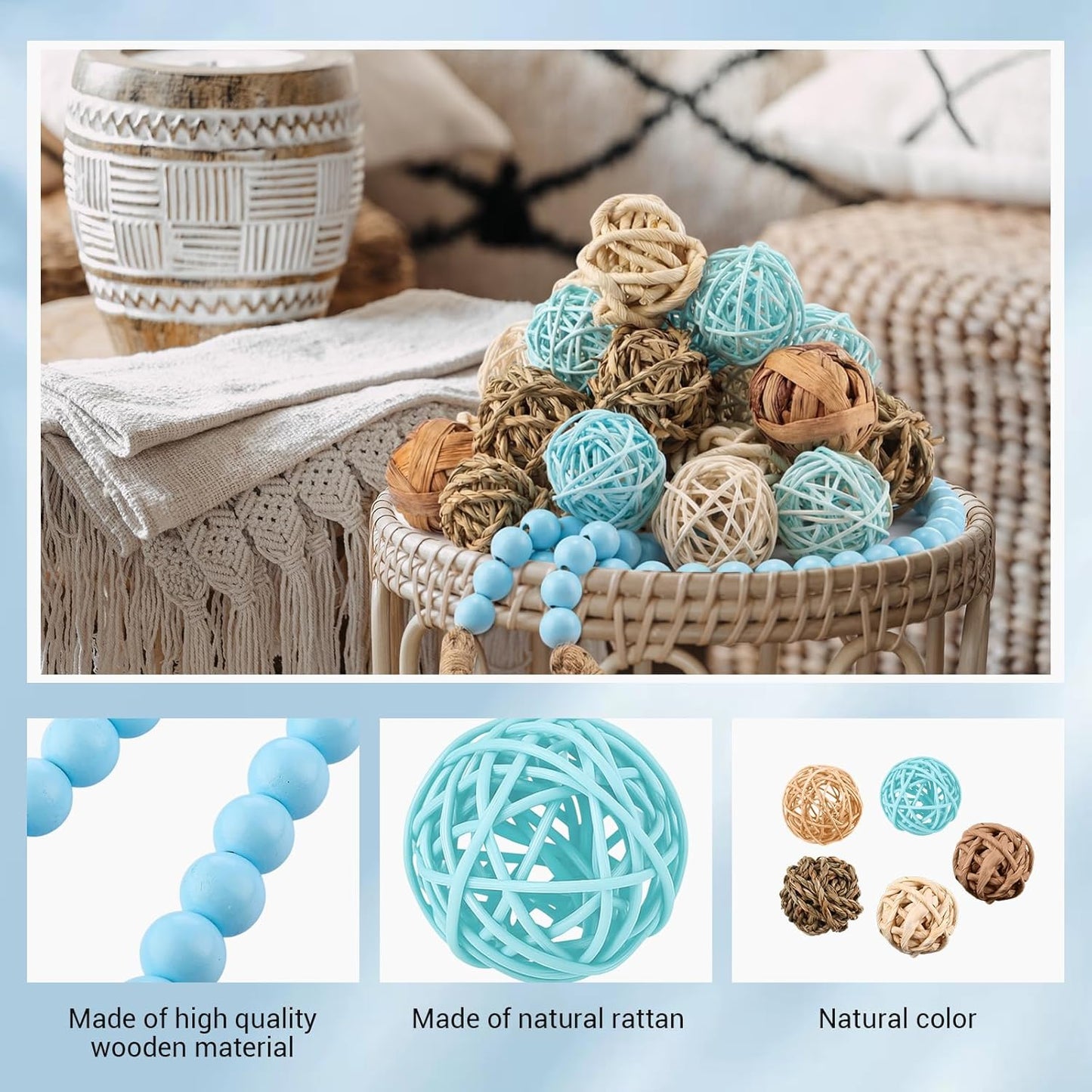 Halloscume 31 Pcs Wicker Rattan Decorative Balls with 30.3 Inch Wood Bead Garland Centerpiece Bowls Orbs Vase Fillers Wall Hanging Decor for Summer Home Farmhouse Wedding Party(Black)