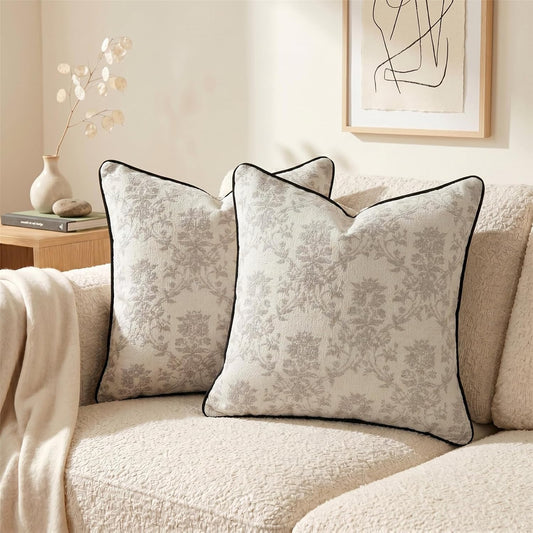 20x20 Inch Vintage Vine Floral Pillow Covers Set of 2, Large Woven Cushion Covers with Corded Piping and Velvet Back for Sofa Couch Living Room Decor, Olive Green