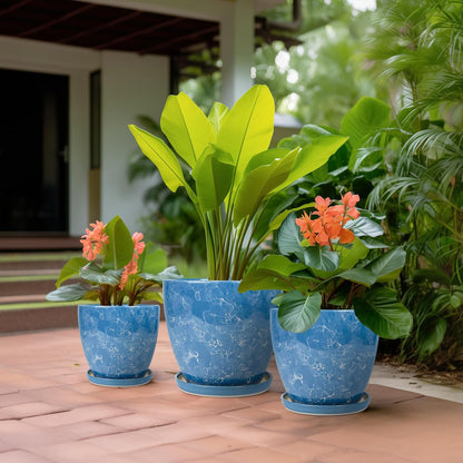 Plant Pots Indoor, Ceramic Planters Pots with Drainage Holes and Saucers, 10+8+6 Inch, Set of 3, Round Large Flower Pots for Indoor Outdoor Plants, Blue