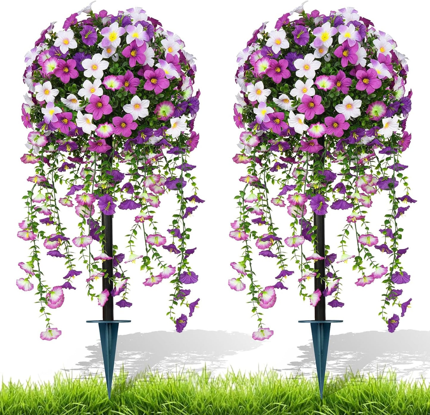 Artificial Lavender Topiary Ball Trees, 2 Set of UV Resistant Fake Evergreen Shrubs Bushes Plants with Ground Spike, Fake Plants for Outdoor Indoor Front Porch Garden