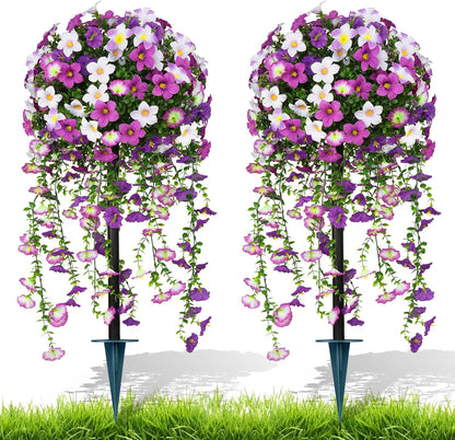 Artificial Lavender Topiary Ball Trees, 2 Set of UV Resistant Fake Evergreen Shrubs Bushes Plants with Ground Spike, Fake Plants for Outdoor Indoor Front Porch Garden