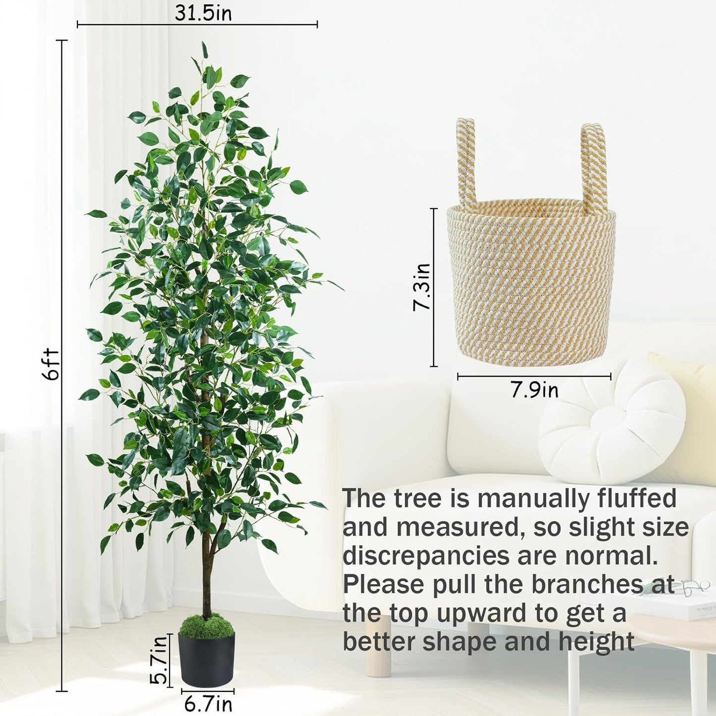 Caxchiling Faux Eucalyptus Tree 6FT, Artificial Potted Tree for Indoor Outdoor, Fake Floor Plants with Natural Wood Trunk, Home Office Living Room Bedroom Decor