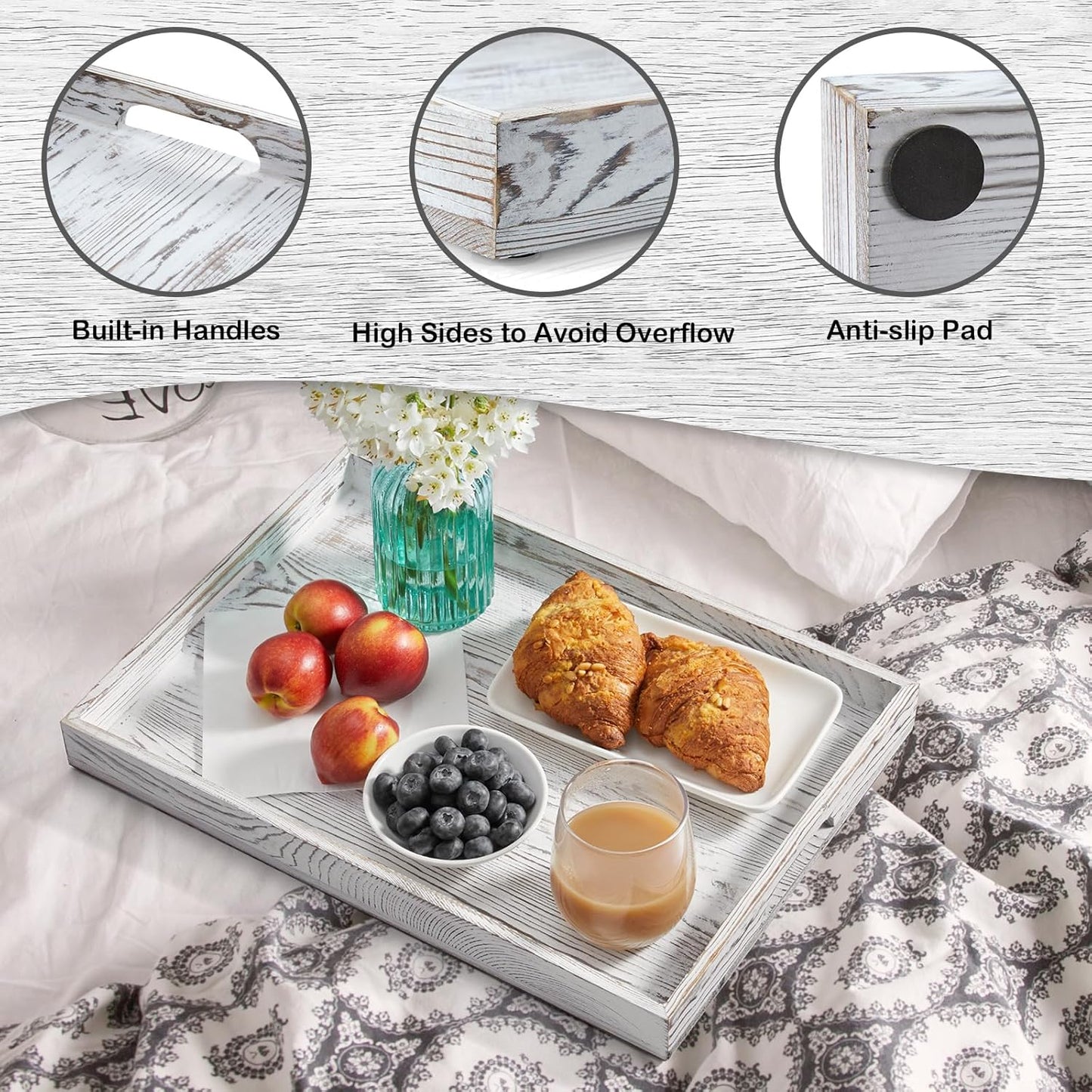 17 Inch Acacia Wood Serving Tray with Handles, Large Wooden Tray for Ottoman, Breakfast in Bed, Coffee Table, Dinner, Perfect for Living Room Bedroom Entryway and Kitchen
