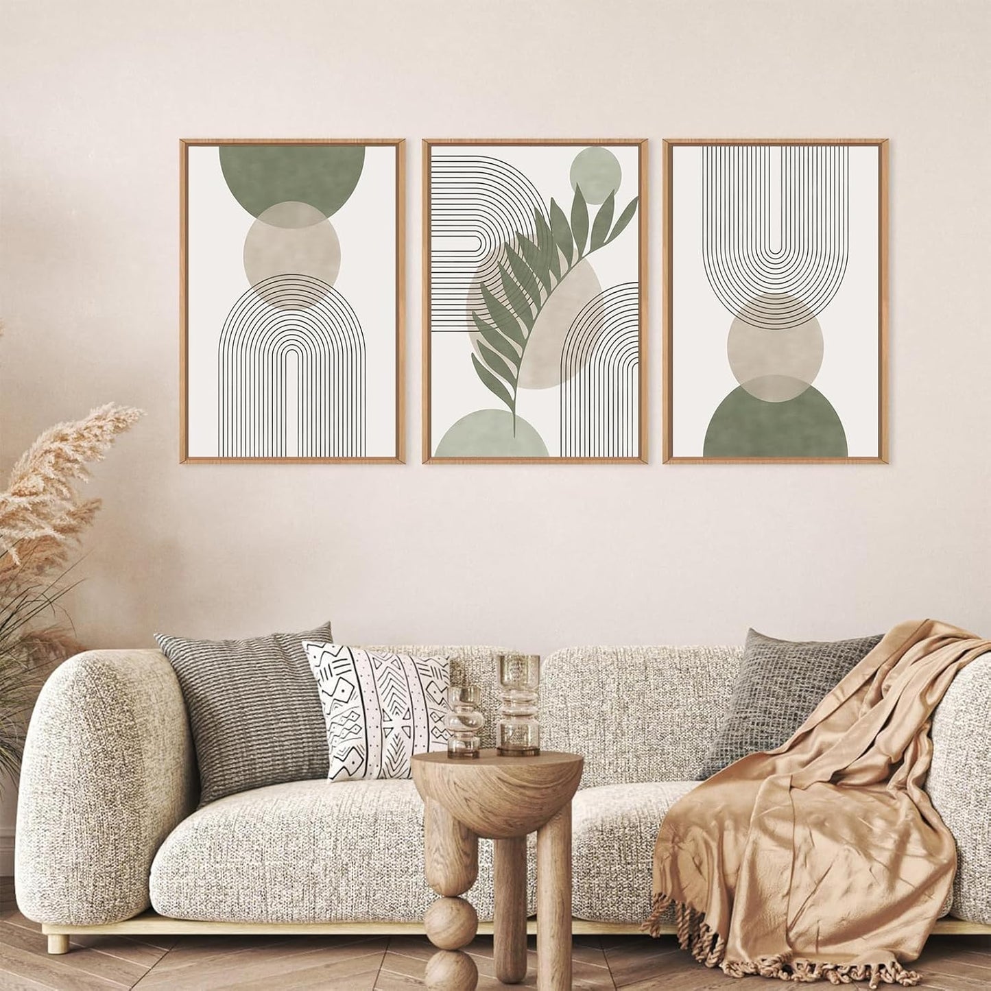 Sage Green Boho Wall Art Set of 3, Minimalist Framed Wall Art Geometric Line Leaf Sun Moon Beige Green Canvas Artwork Paintings, Abstract Botanical Boho Room Decor, Office, 12"x16"
