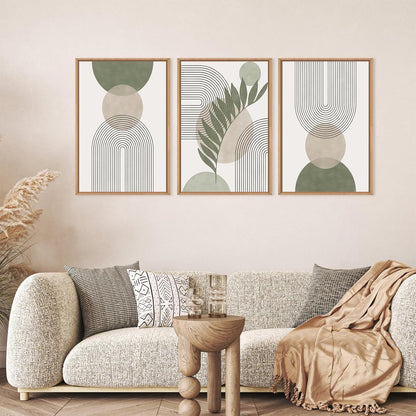 Sage Green Boho Wall Art Set of 3, Minimalist Framed Wall Art Geometric Line Leaf Sun Moon Beige Green Canvas Artwork Paintings, Abstract Botanical Boho Room Decor, Office, 12"x16"