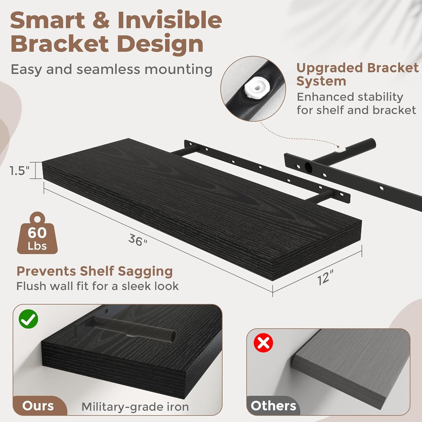 72 Inch Long Floating Shelves for Wall Set of 2, 12"D Wood Grain Bathroom Shelves with Invisible Brackets, Easy Install Engineered Wood Storage Shelves for Kitchen, Living Room, Bedroom, Black Finish