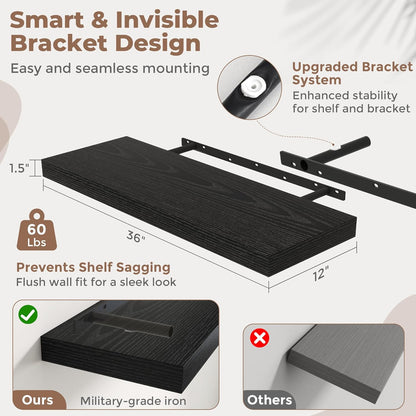 72 Inch Long Floating Shelves for Wall Set of 2, 12"D Wood Grain Bathroom Shelves with Invisible Brackets, Easy Install Engineered Wood Storage Shelves for Kitchen, Living Room, Bedroom, Black Finish