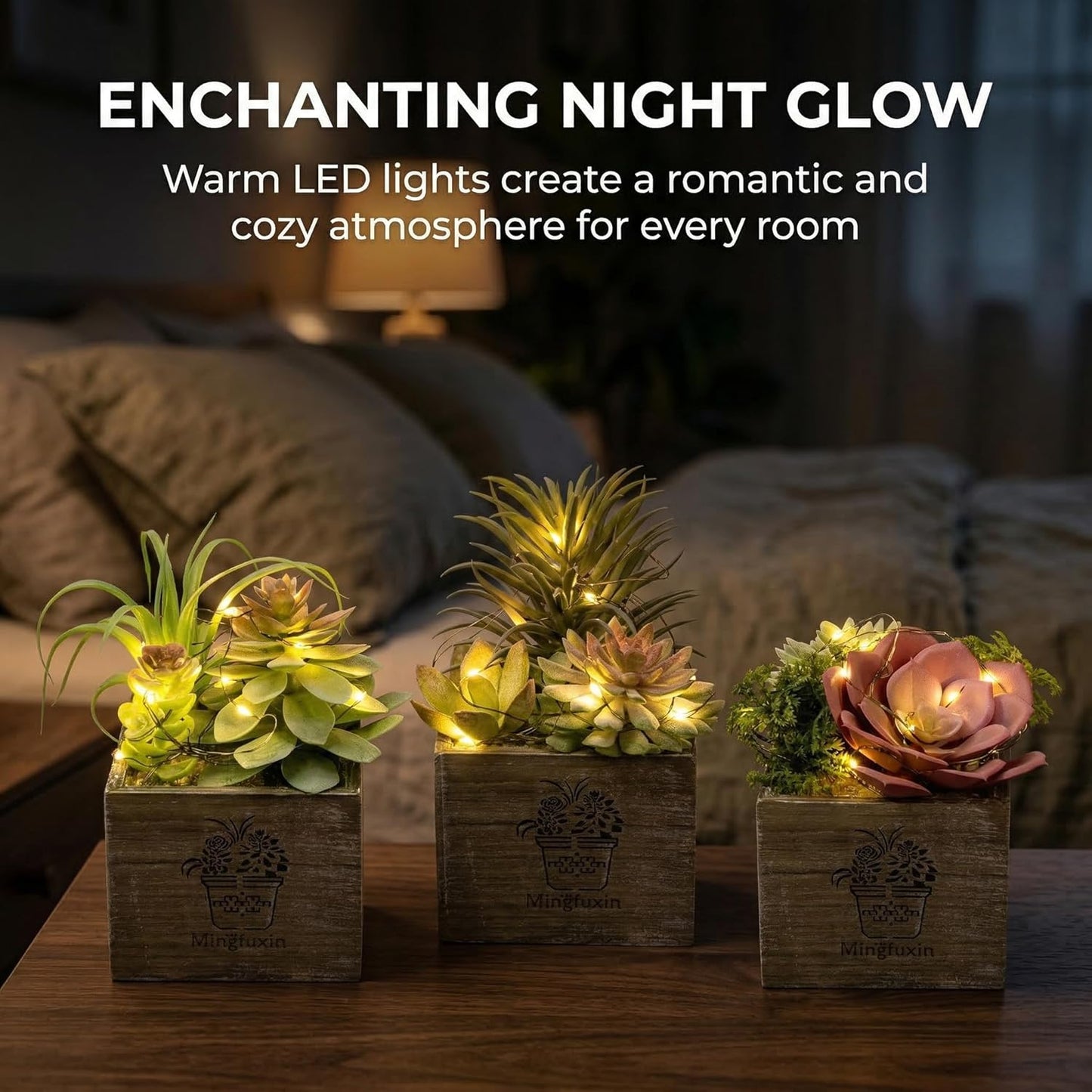 Succulent Plants Artificial, 3 Pack Small Fake Plants in Wood Pot for Home Decor, Farmhouse Artificial Plants Indoor for Living Room Bathroom Bedroom Office Kitchen Desk Wedding Coffee Table Decor