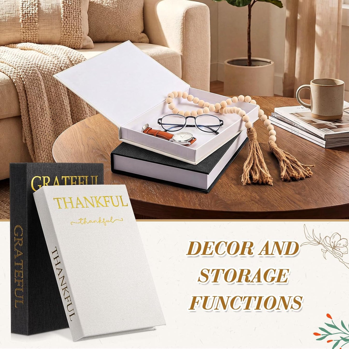 Faccito Set of 2 Linen Decorative Books with Wooden Beaded Garland Tassel Elegant Linen Books Aesthetic Gold Foil Fake Book for Coffee Table Shelf Mantel Storage Boxes(Mint Green)
