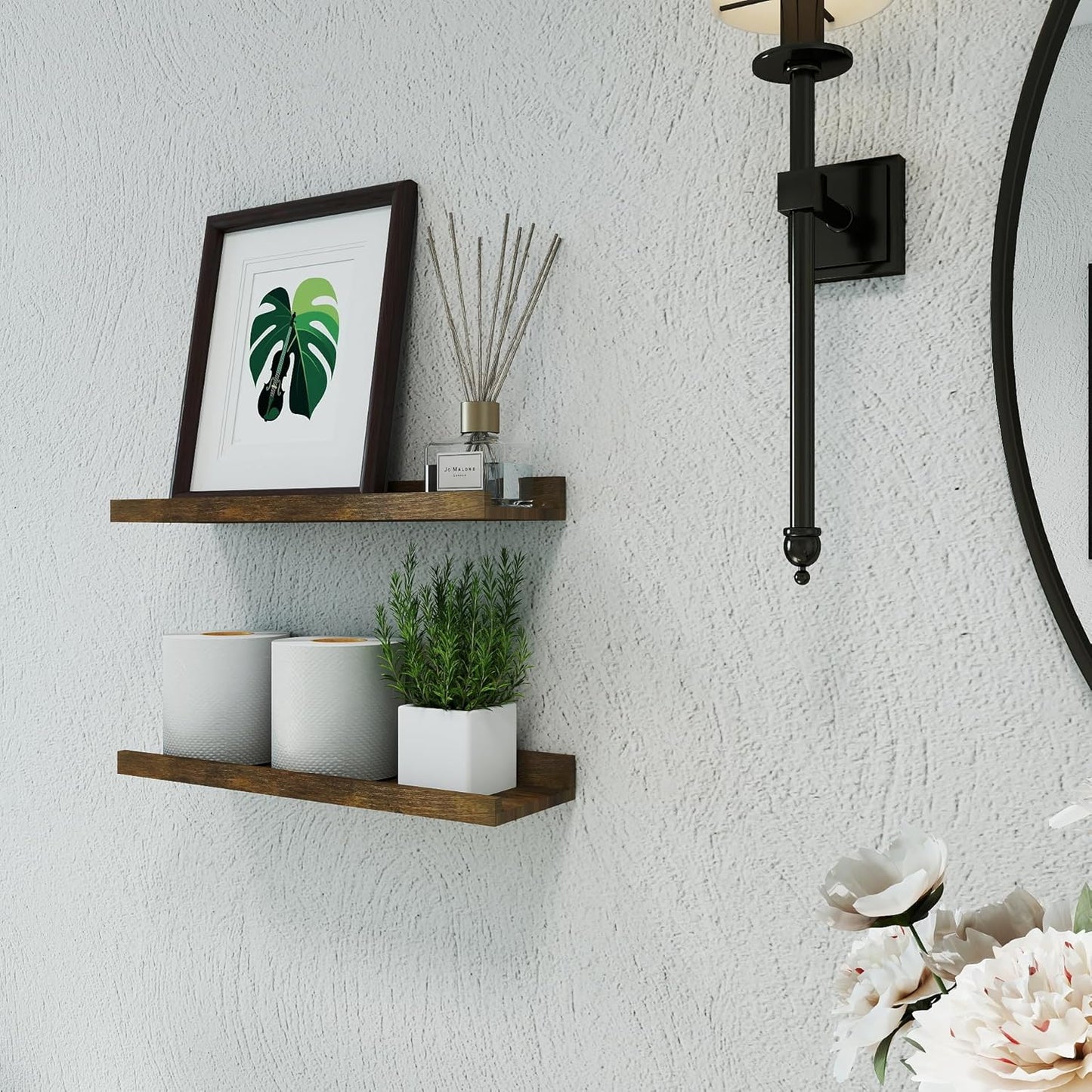 White Floating Shelves for Wall Decor, Wall Mounted Wood Storage Shelf for Bedroom, Living Room, Bathroom, Kitchen, Nursery, Display Picture Ledge Shelf with Lip Set of 2-14 Inches, White
