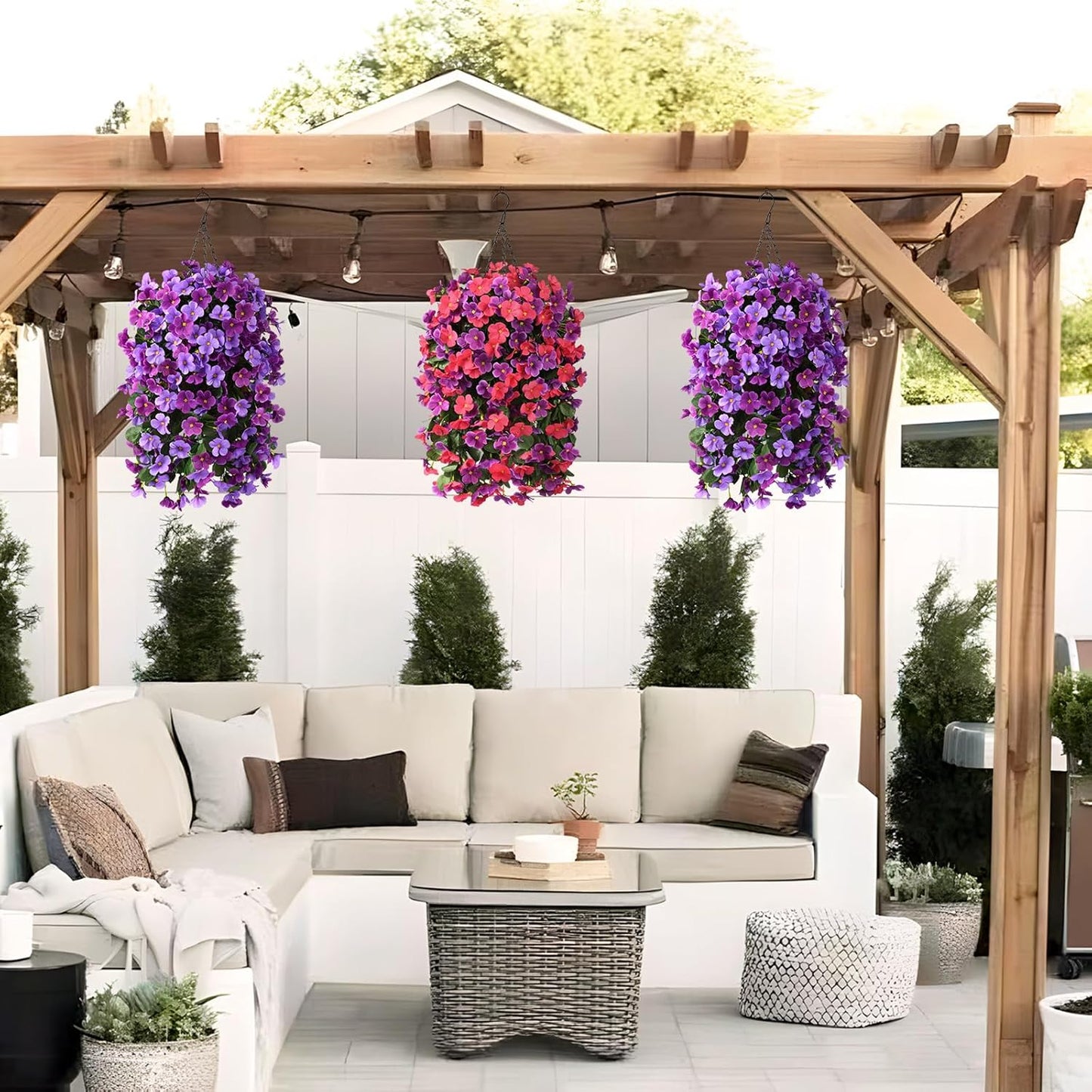 INQCMY Artificial Fake Hanging Plants Flowers Basket for Spring Summer Outdoor Outside Decoration,Faux Silk Begonia Flower in Planter Look Real UV Resistant for Home Porch Patio Balcony Yard Decor
