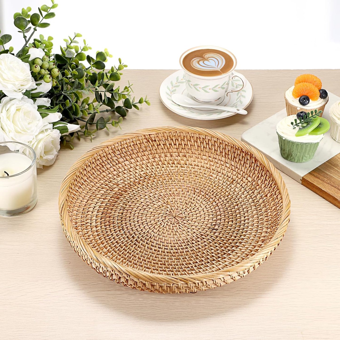 Hipiwe Small Key Basket Bowl for Entryway 7.6" Round Woven Wicker Basket Fruit Serving Tray Woven Basket Wall Decor Rattan Organizer Basket for Keys, Wallet,Whitewash