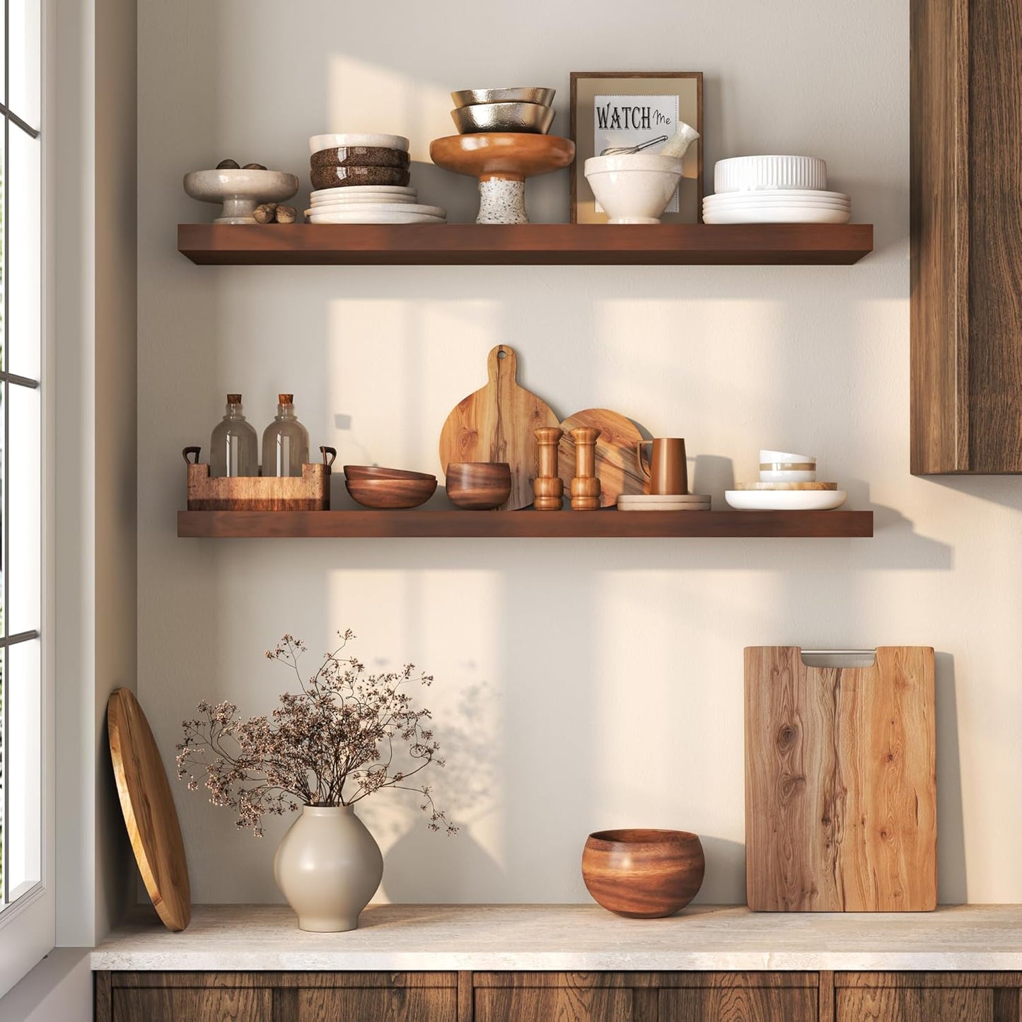 Floating Shelves 36 Inches Long - 8 Inch Deep Rustic Premium Solid Pine Wood for Storage - Farmhouse Wall Mounted for Living Room - Heavy-Duty Metal Bracket - 36" W x 8" D - Set of 2 - White Color