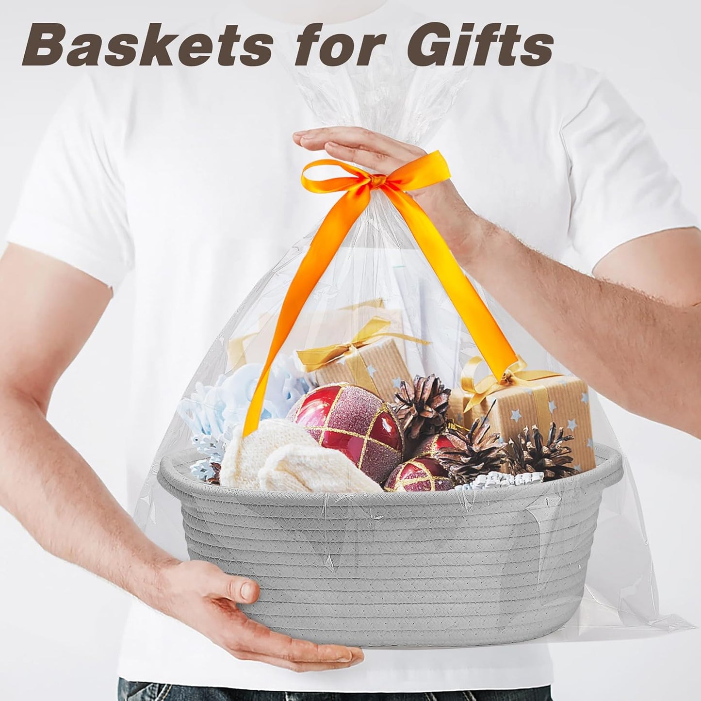 Pro Goleem Small Woven Basket with Gift Bags and Ribbons Durable Baskets for Mothers Day Gifts Empty Small Rope Basket for Storage 12"X 8" X 5" Baby Toy Baskets with Handles, White