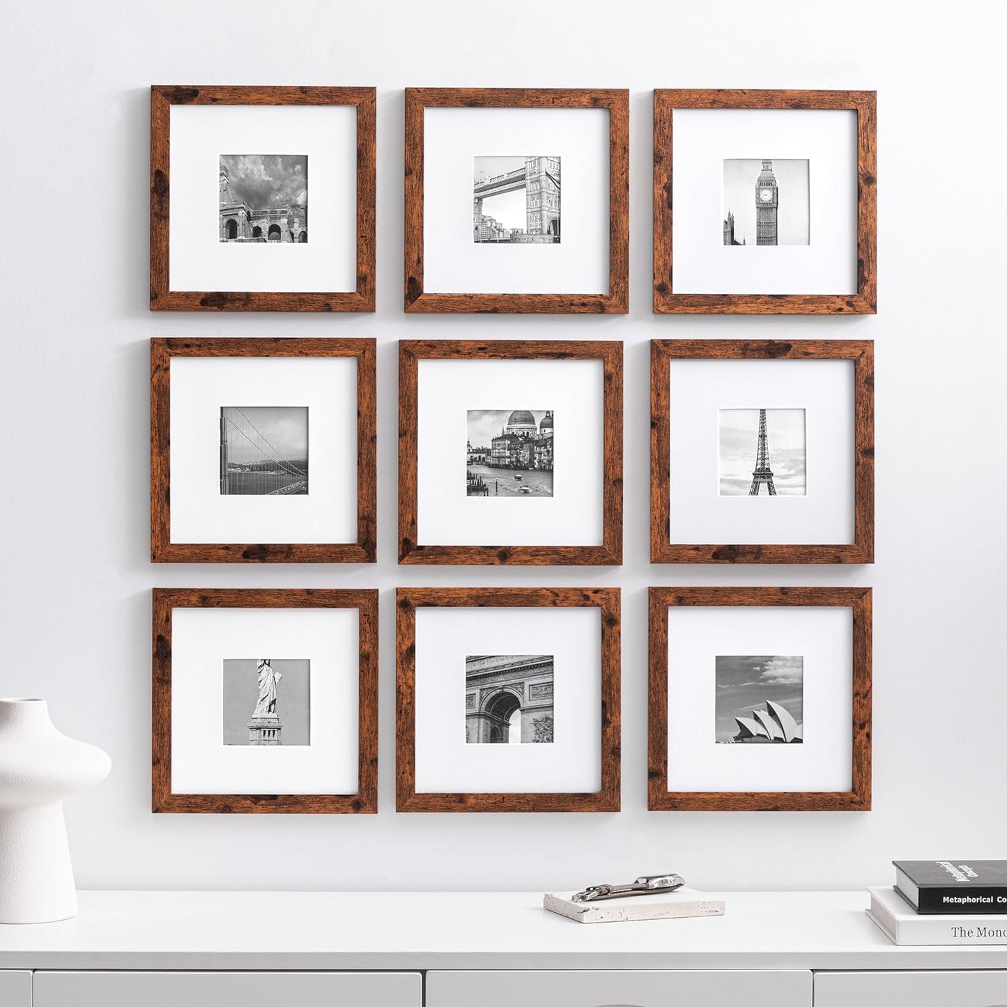 eletecpro 12x12 Picture Frames Set of 9 with Clear Acrylic Cover, Display 8x8 Photos with Mat or 12x12 Without, Classic and Sturdy Square Collage Gallery Wall Decor, Easy Wall Mount, Black