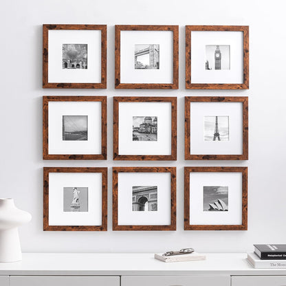 eletecpro 12x12 Picture Frames Set of 9 with Clear Acrylic Cover, Display 8x8 Photos with Mat or 12x12 Without, Classic and Sturdy Square Collage Gallery Wall Decor, Easy Wall Mount, Black
