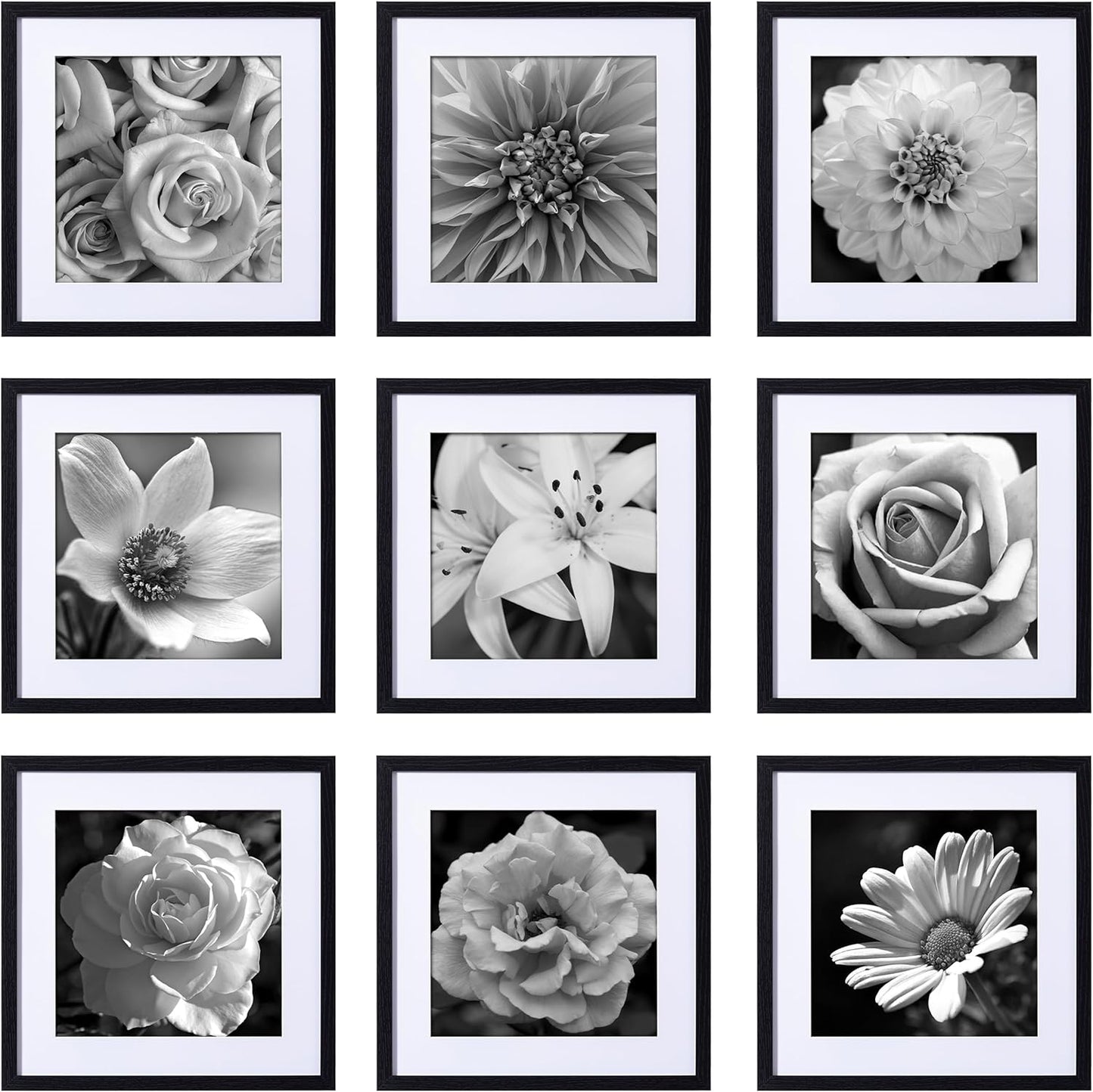 eletecpro 12x12 Picture Frames Set of 9 with Clear Acrylic Cover, Display 8x8 Photos with Mat or 12x12 Without, Classic and Sturdy Square Collage Gallery Wall Decor, Easy Wall Mount, Black