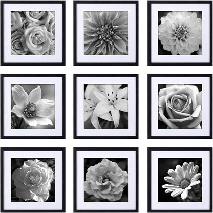 eletecpro 12x12 Picture Frames Set of 9 with Clear Acrylic Cover, Display 8x8 Photos with Mat or 12x12 Without, Classic and Sturdy Square Collage Gallery Wall Decor, Easy Wall Mount, Black
