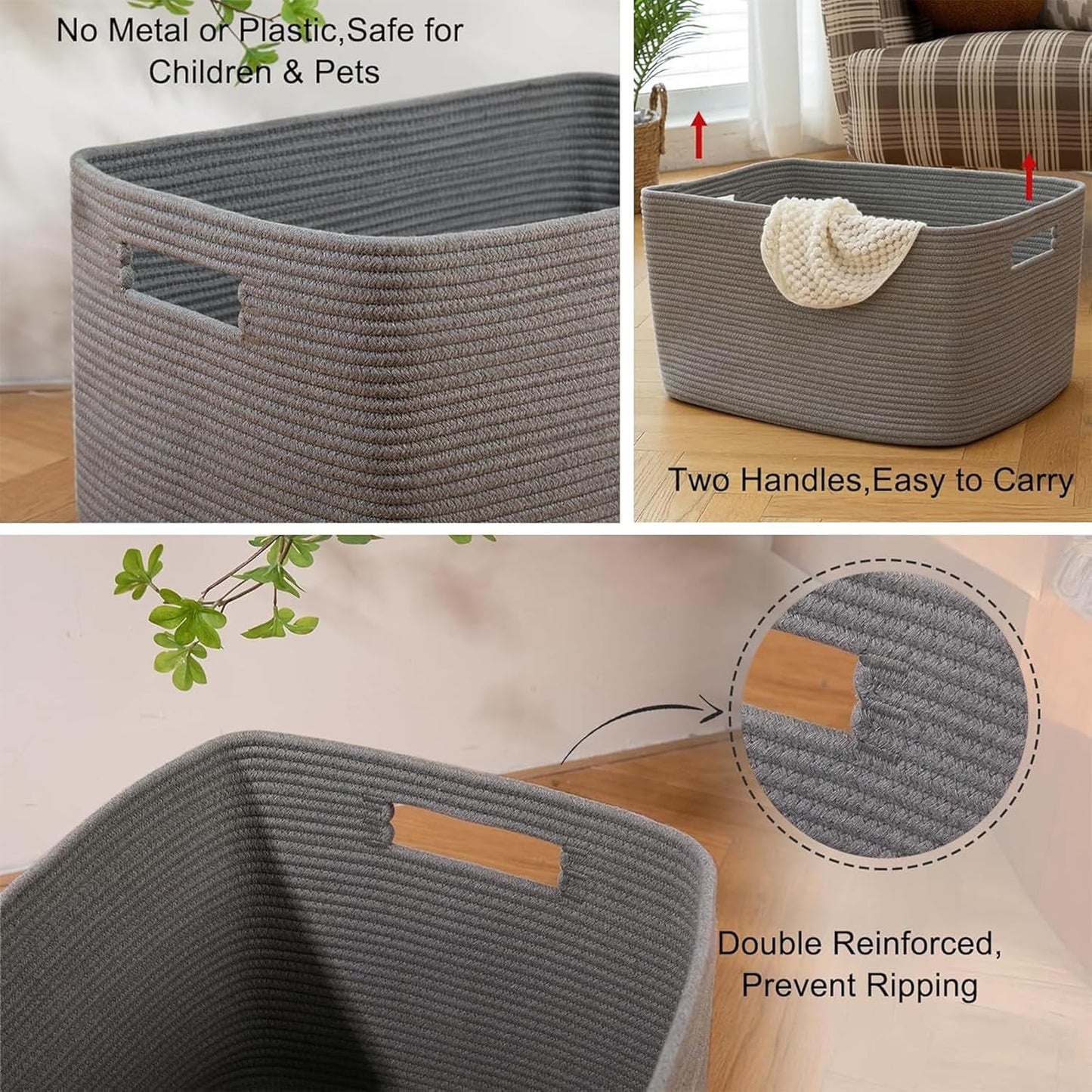OIAHOMY 75L Large Woven Cotton Rope Storage Basket with Handle for Organizing Blanket and Toys for Living Room, Nursery, Brown Variegated 22”x17”x12”