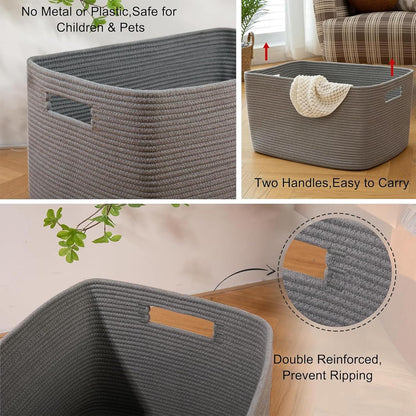 OIAHOMY 75L Large Woven Cotton Rope Storage Basket with Handle for Organizing Blanket and Toys for Living Room, Nursery, Brown Variegated 22”x17”x12”