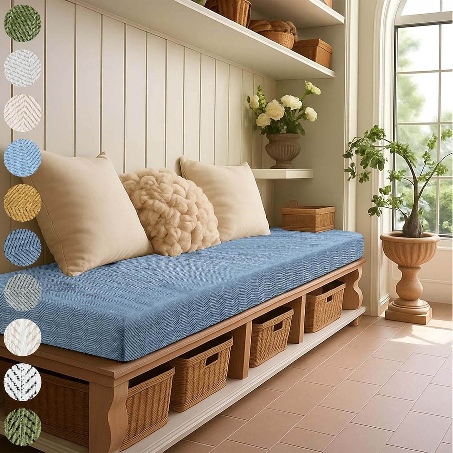Custom Size Bench Cushion, Custom Bench Cushions for Indoor Furniture, 75D Foam Furniture Window Seat Cushion, Breakfast Nook, Mudroom, Banquette Bench Cushion, Non-Slip Bottom, Pipe Design