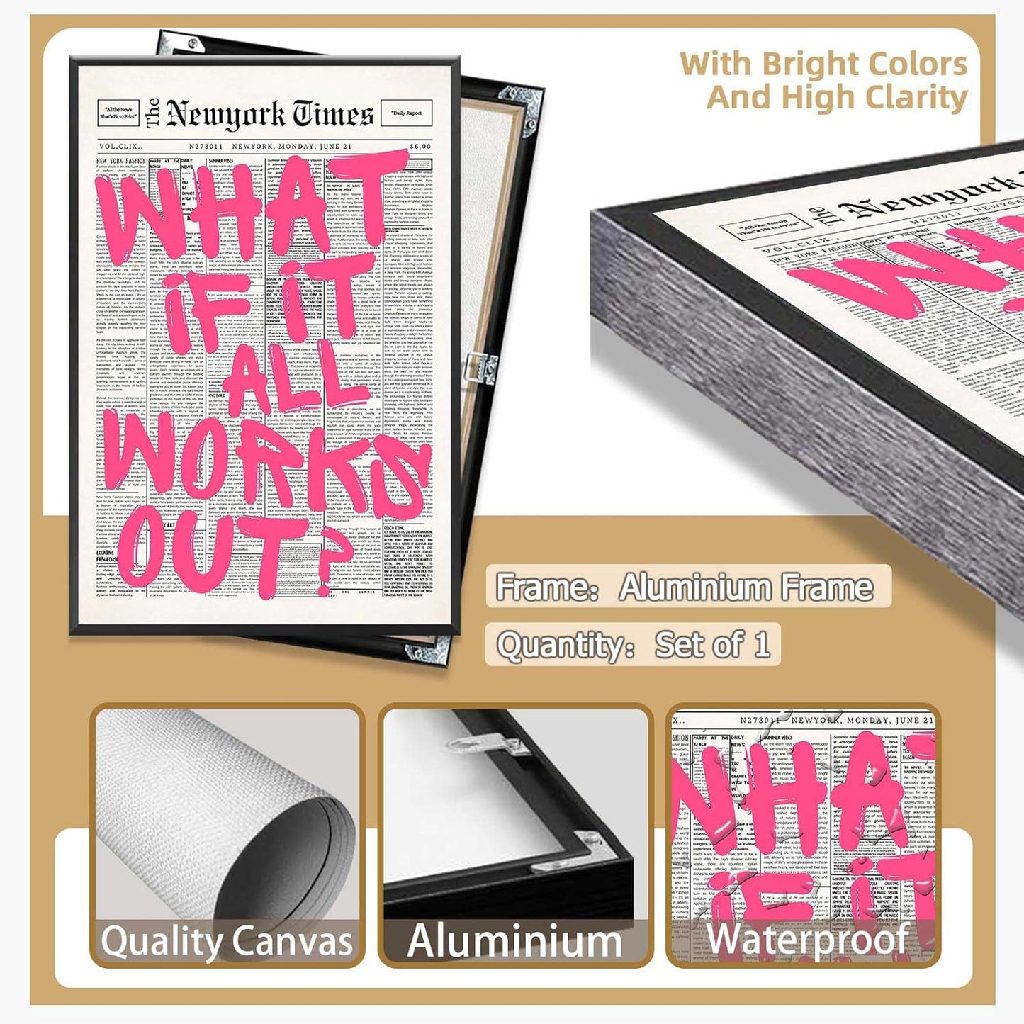 Retro Black And White Newspaper Poster What If It All Works Out Canvas Wall Art Positive Affirming Quote Minimalist Prints Painting For Home Bedroom Dorm Wall Decor 12x16in Unframed