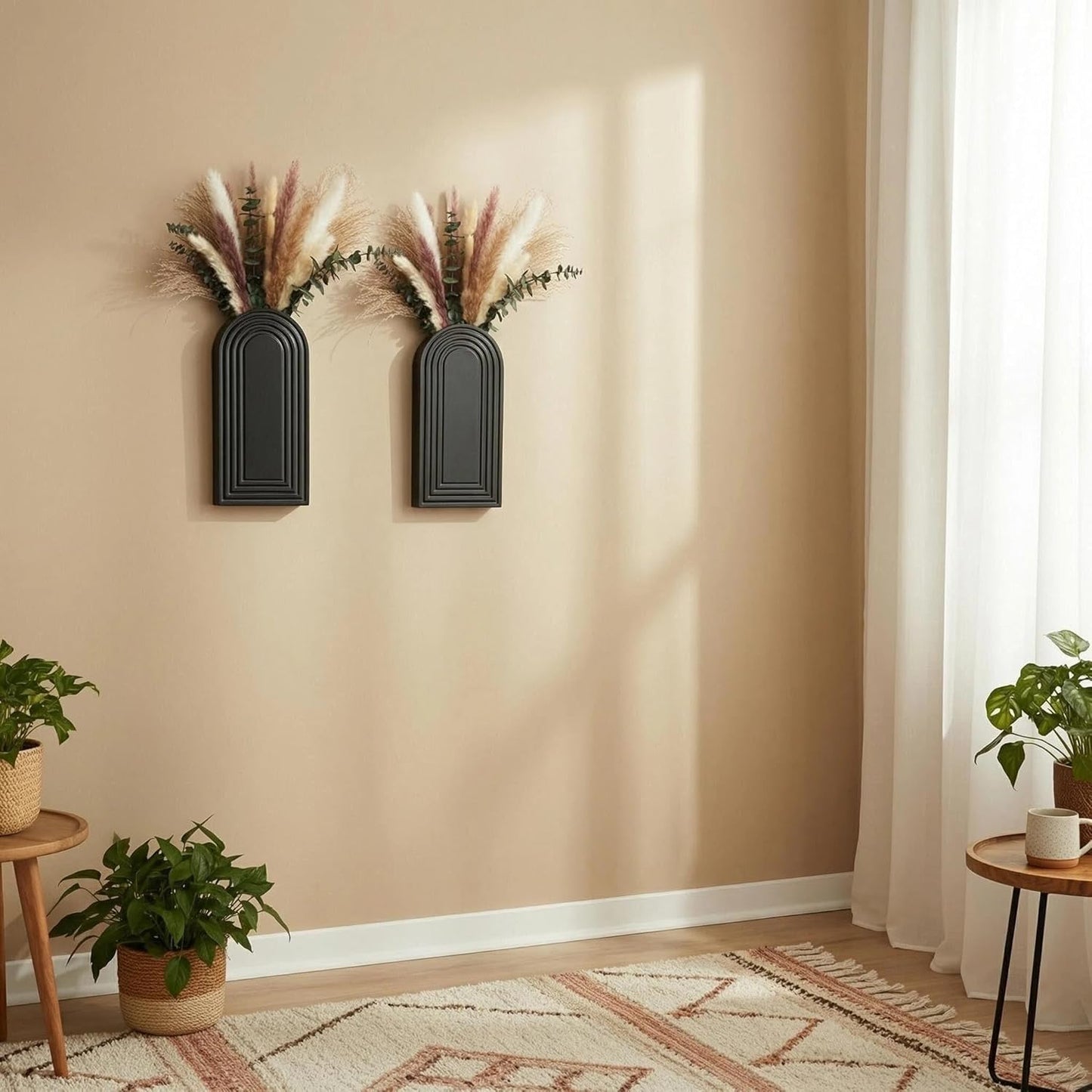 Set of 2 Wooden Vases with Pampas Grass and Eucalyptus – Boho Decor for Living Room, Modern Farmhouse Entryway or Bathroom, Rustic Art for Home Decoration