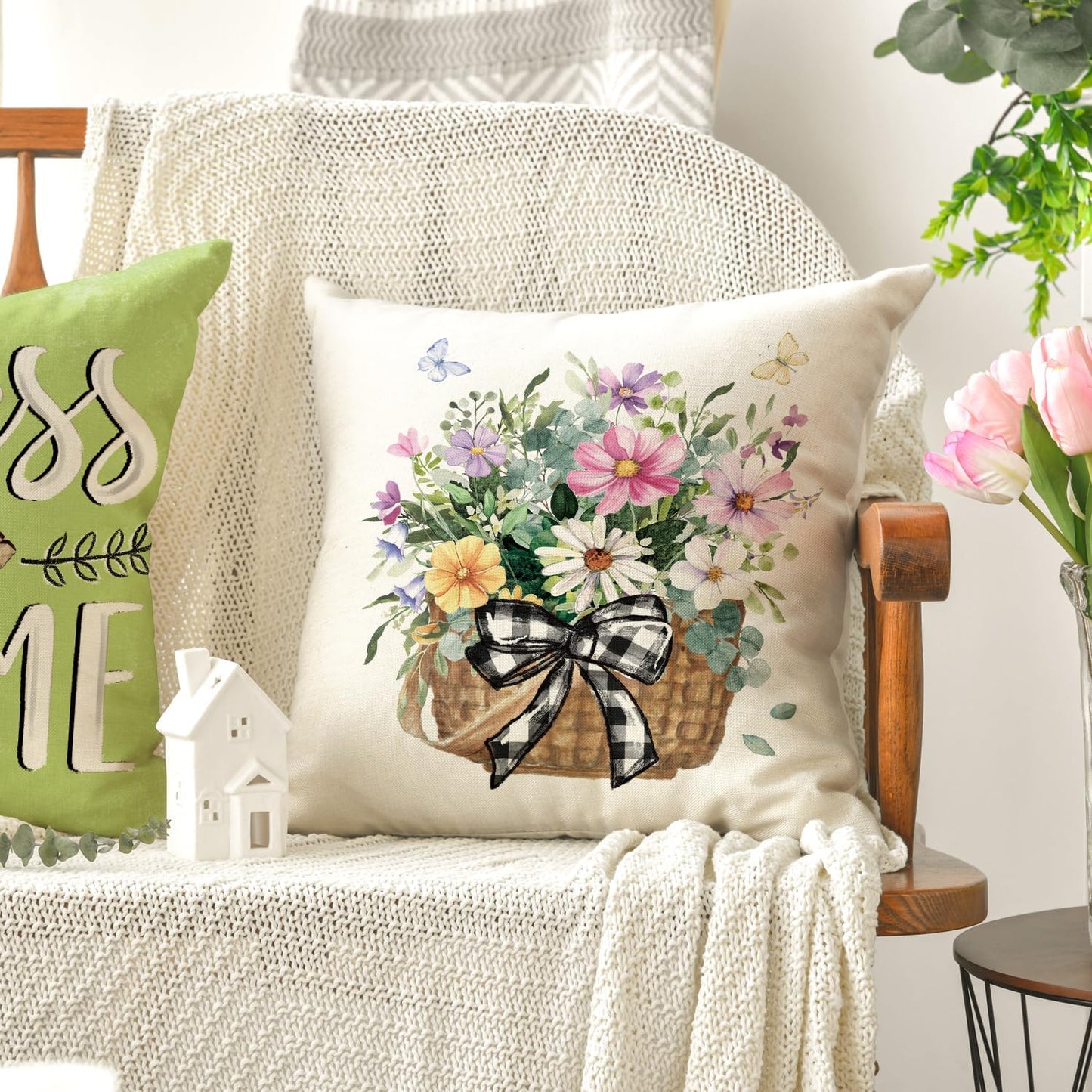 AVOIN colorlife Bless Our Home Farmhouse Eucalyptus Leaves Throw Pillow Covers, 18 x 18 Inch Truck Home Sweet Home Cushion Case Decorations Set of 4