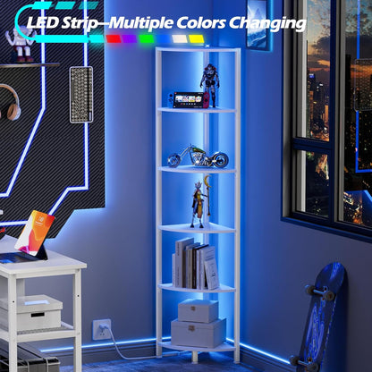 Furnulem 6 Tier Corner Shelf with LED Light, 67.5” Tall Standing Shelf Organizer, Black Narrow Bookshelf with Storage Rack for Wall Corner, Living Room, Bedroom, Metal Frame, Wood Display Shelf