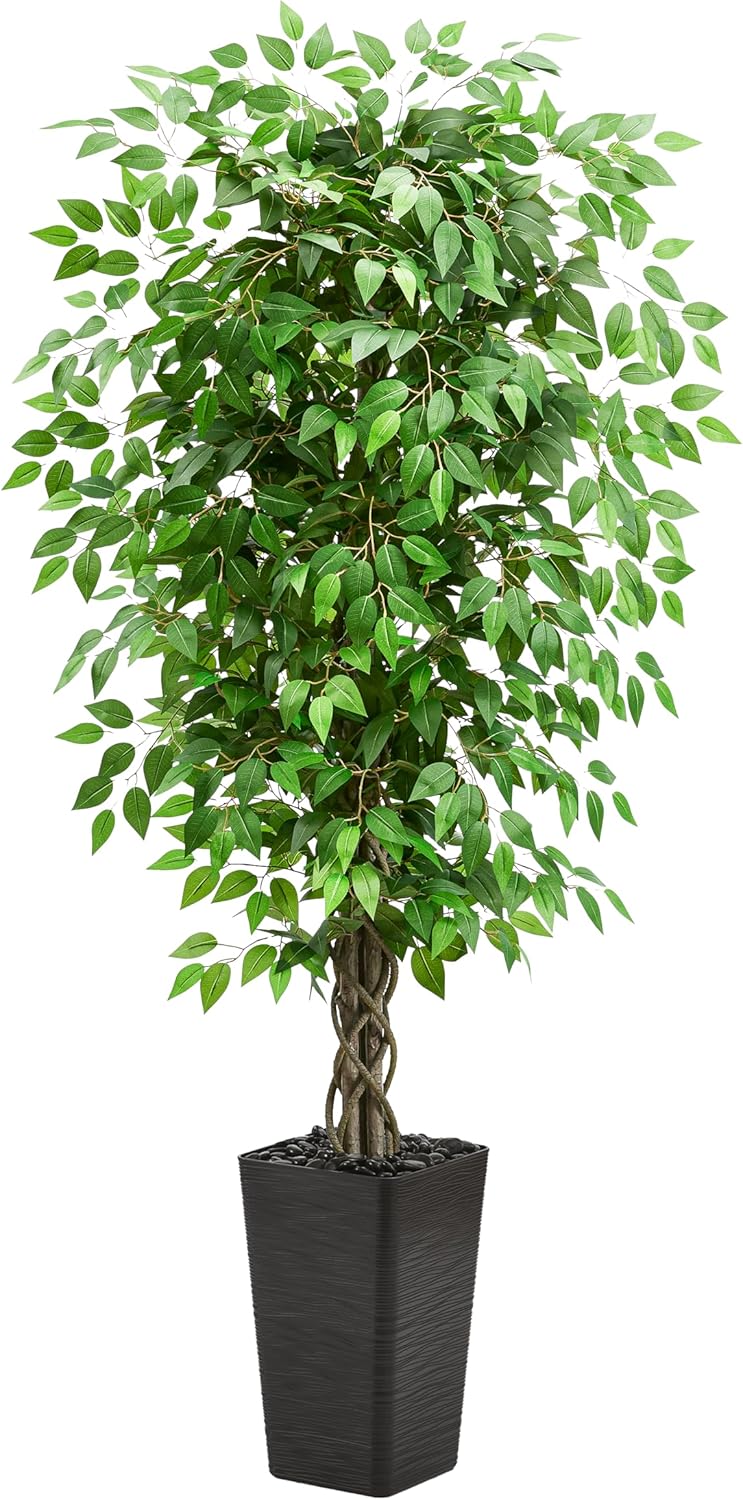 Artificial Ficus Tree 6FT Faux Plants Indoor Tall Fake Plants with White Planter, Green Lifelike Lush Fake Ficus Tree for Home Living Room Bedroom Outdoor Balcony House Office Decor