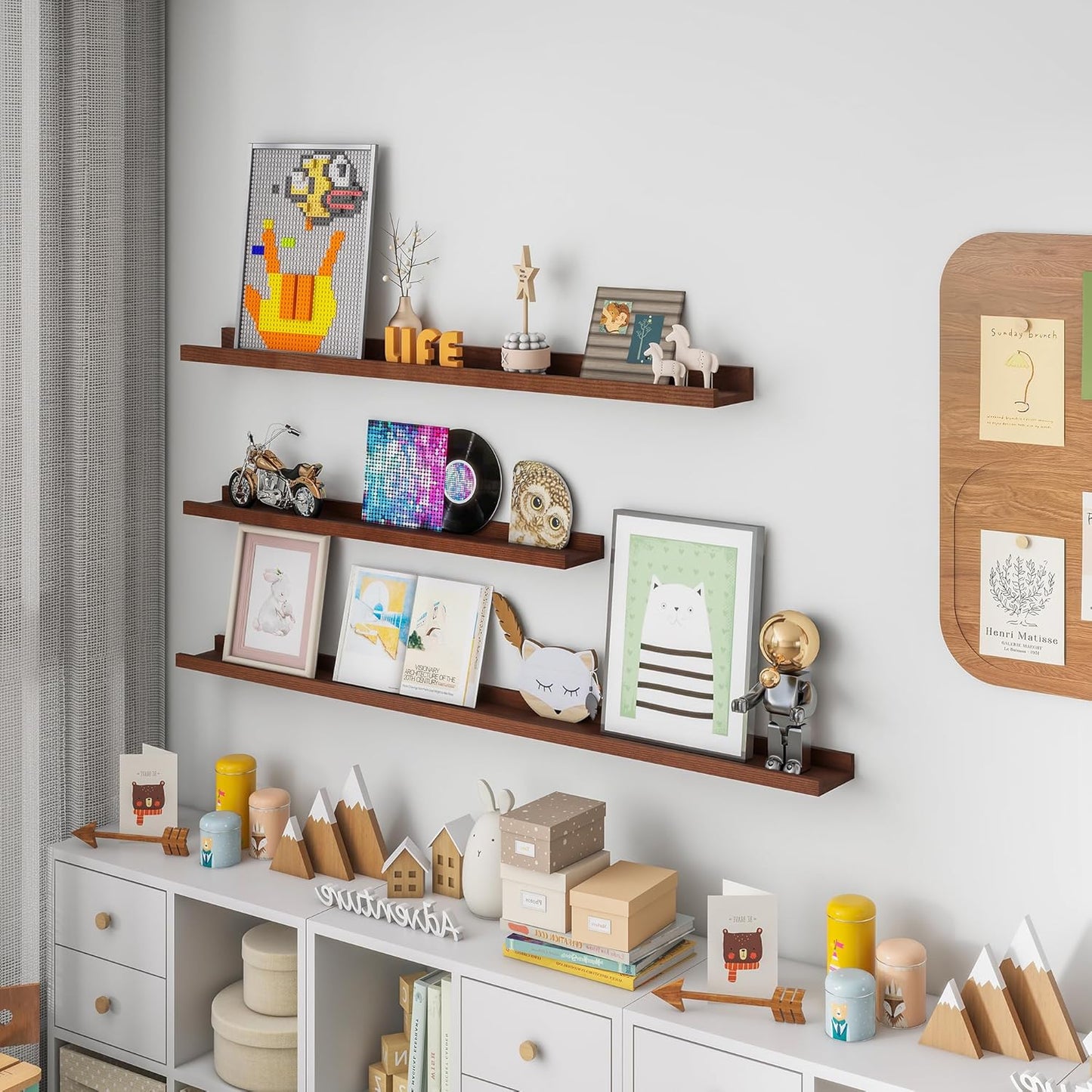 FLYJOE Picture Ledge Shelf, Floating Shelves Set of 2, Solid Pine Wood 55'' Long Large Nursery Book Shelves for Toys Storage, Kids Bookshelf for Living Room Bedroom Decor Books Photo Frames, Walnut