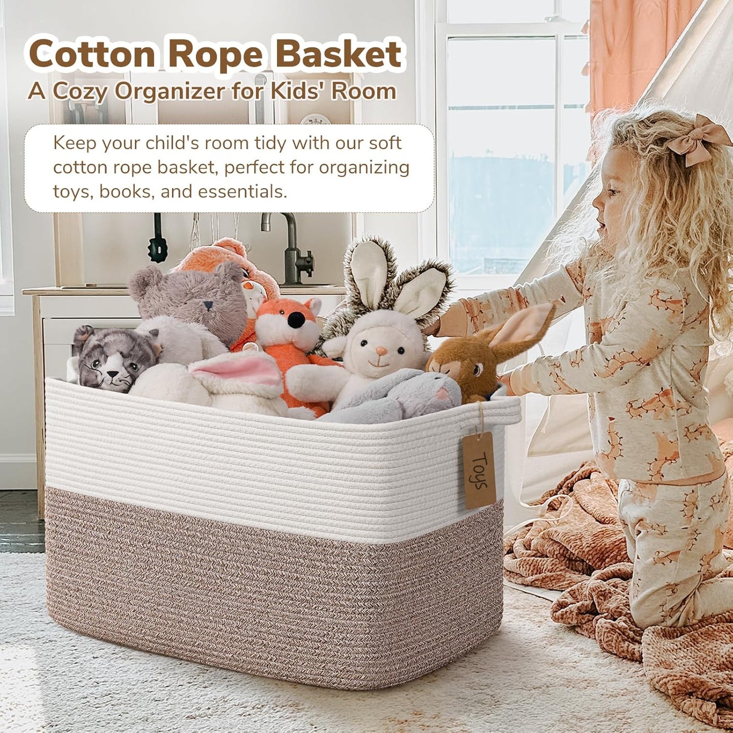 Goodpick Woven Storage Basket, Cotton Rope Basket for Dog Toys, Books, Stylish Gift Basket with Handles, 13 x 10 x 9 Inches Square Baskets for Organizing, Brown and White