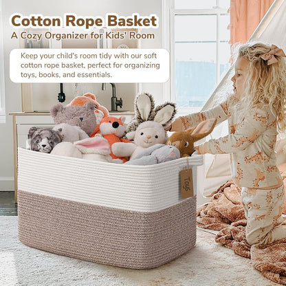 Goodpick Woven Storage Basket, Cotton Rope Basket for Dog Toys, Books, Stylish Gift Basket with Handles, 13 x 10 x 9 Inches Square Baskets for Organizing, Brown and White