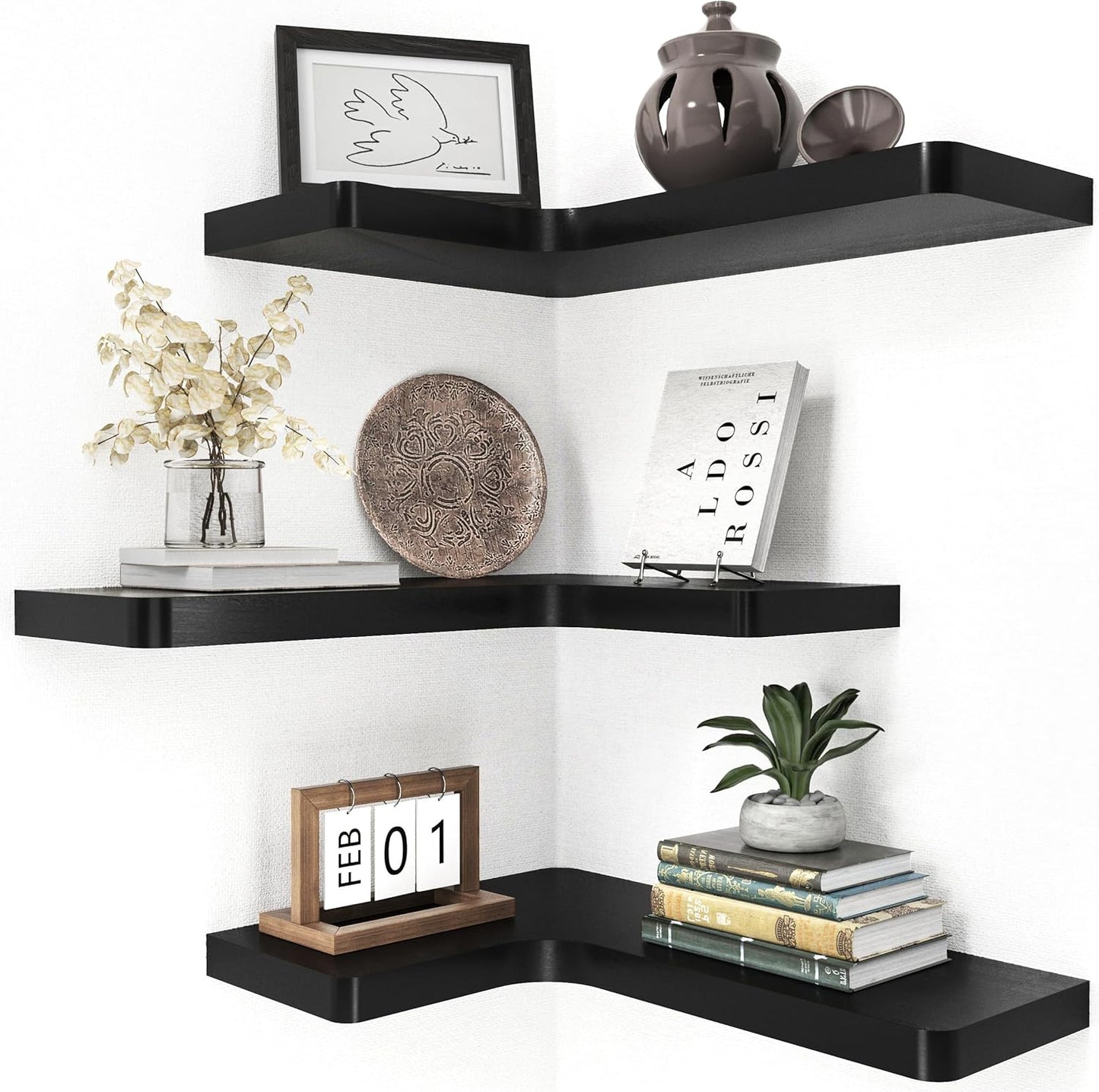 fuqing Floating Corner Shelves, Wall Shelf Set of 3, Shelves for Wall Storage, Solid Wood Shelves for Storage, Wall Mount Wooden Display Shelf for Bathroom Bedroom Kitchen Garage, Rustic Brown