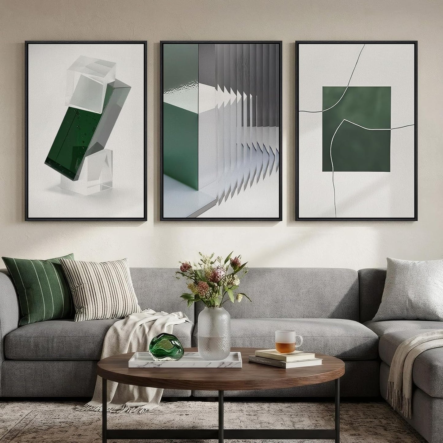 Large Framed Abstract Nature Landscape Wall Art for Living Room, Set of 3 Modern Canvas Prints Paintings Artwork for Walls, Green Lake Pictures for Hallway, Dining Room, Office Wall Decor 24x36 Inch