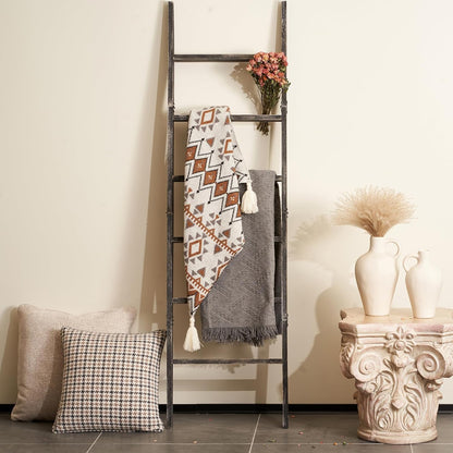 Blanket Ladder for the Living Room 6-Tier, Wooden Decorative Quilt Holder for Bed room, Wall-Leaning Towel Rack for Bathroom，Rustic Farmhouse Ladders for Display. (Dark Brown)