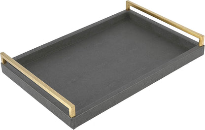 Ivory Shagreen Leather Serving Tray with Gold Handles-17.7x11.8 Inch Large Wooden Decorative Ottoman Tray fro Coffee Table, Kitchen, Dining, and Home Decor (Ivory)