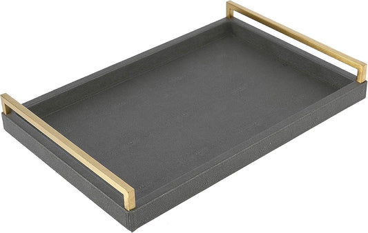 Ivory Shagreen Leather Serving Tray with Gold Handles-17.7x11.8 Inch Large Wooden Decorative Ottoman Tray fro Coffee Table, Kitchen, Dining, and Home Decor (Ivory)