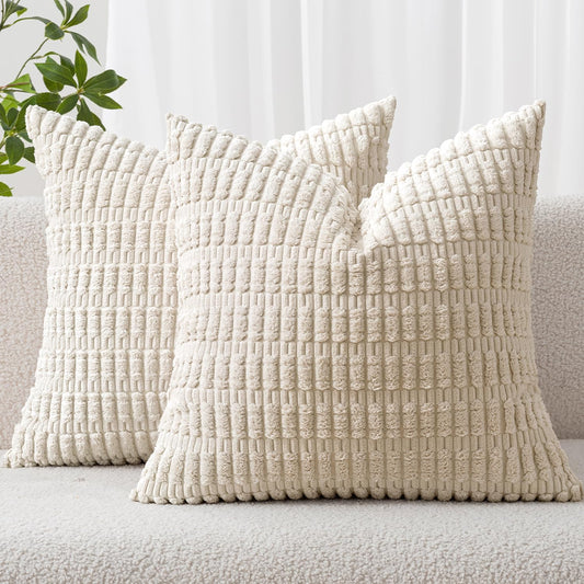 MIULEE Pack of 2 Corduroy Decorative Lumbar Throw Pillow Covers 20x12 Inch Soft Boho Striped Pillow Covers Modern Farmhouse Home Decor for Sofa Living Room Couch Bed Cream White - Colors A