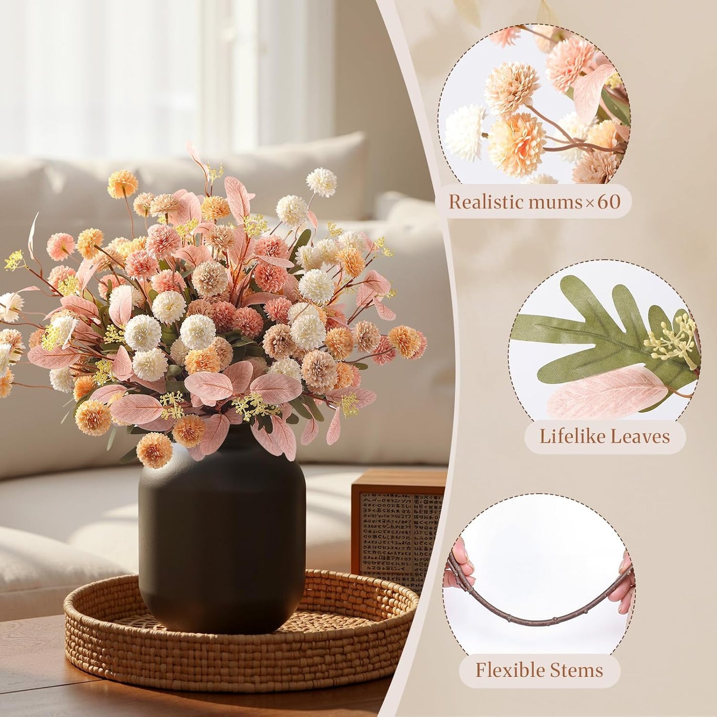 Alupssuc 16PCS Faux Silk Pompon Mums Artificial Flowers with Eucalyptus, Fake Chrysanthemum Floral for DIY Vase Arrangement, Long Stem Dining Table Centerpiece Home Decor, Beige