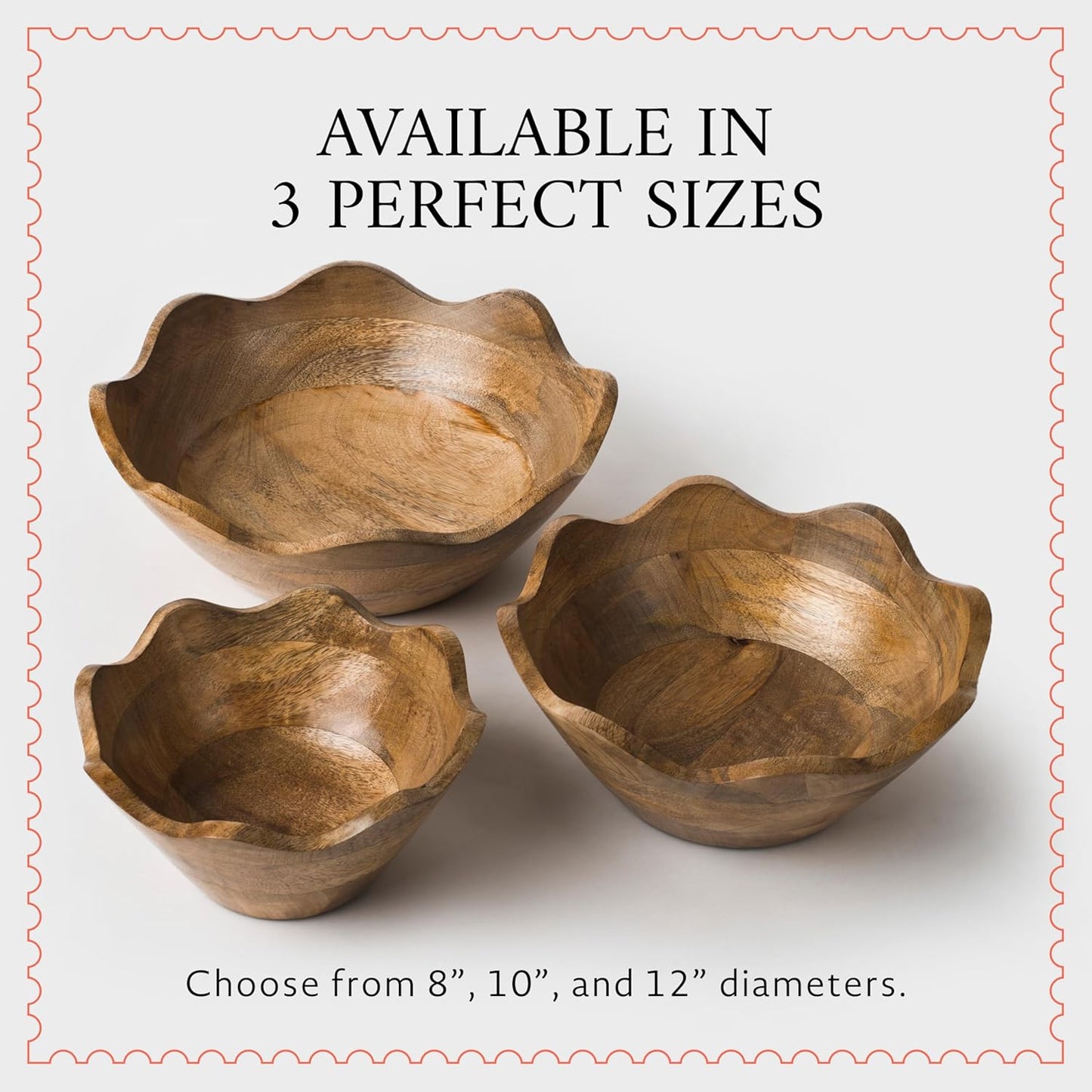 Mela Artisans 12-Inch Mango Wood Scalloped Bowl - Hand-Finished Decorative Serving and Fruit Bowl with Natural Grain for Kitchen Counter, Snacks, Desserts, Bread and Home Decor Centerpiece