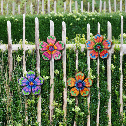 Giyyomtr Metal Flowers Wall Decor - 4pcs 6.2'' Metal Wall Art Hanging Decorations for Outdoor Fence Garden Yard Patio Exterior Wall Decor