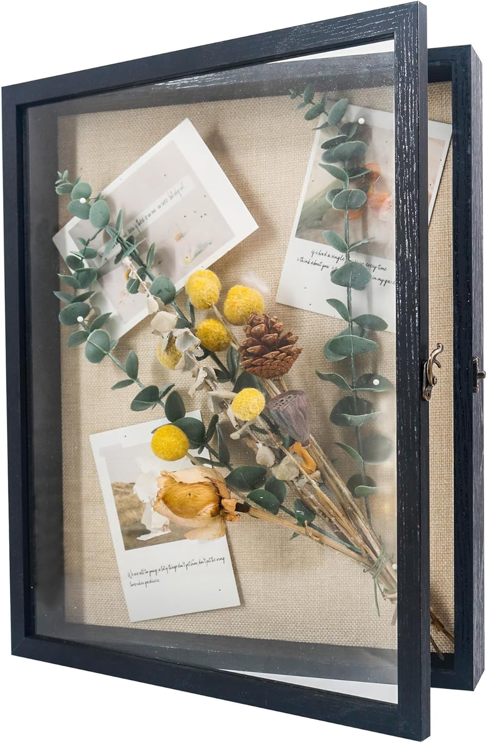 GraduationMall 13x16 Wood Shadow Box Frame Glass Door Display Case with Linen Back and 6 Stick Pins,1.5 inches Interior Depth,Ideal for Memorabilia Pictures Flowers Medals Tickets Rustic White