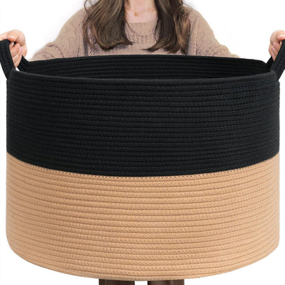 INDRESSME XXXLarge Blanket Basket for Living Room 21.7" x 21.7" x 13.8"-Storage Basket with Handle for Organizing Toy Pillows Woven Cotton Rope Laundry Basket Stuffed Animal Toy Storage for Play Room