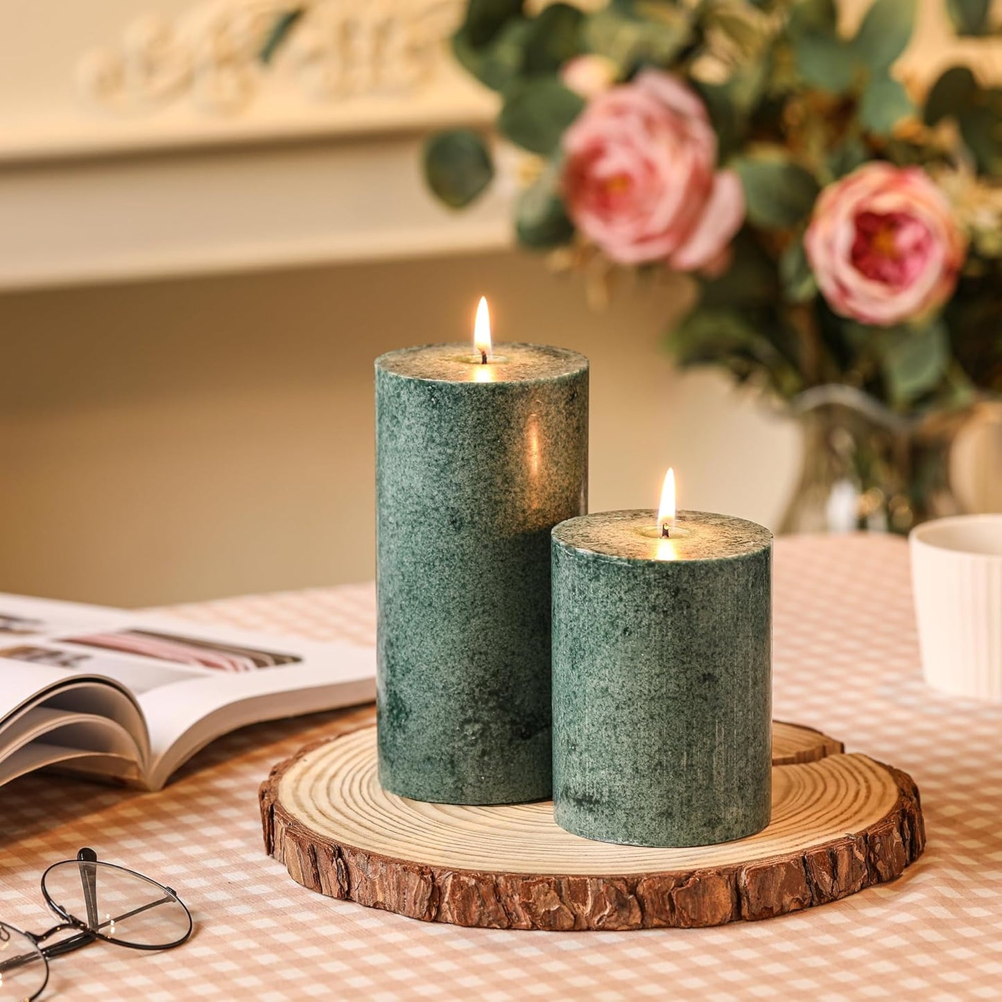 3x4 inch Green Pillar Candles Set of 3, Unscented Pillar Candle, Dripless and Smokeless Large Candles, Candle for Home Decor, Dinner Table,Weddings, Holidays