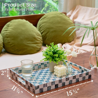 CHI AN HOME 15.8" x 11.8" Decorative Rectangular Tray with Natural Capiz Shells, Checkered Tray with Handles, Serving Tray for Ottoman, Coffee Table, Kitchen Counter Home Decor (Pistachio Green)